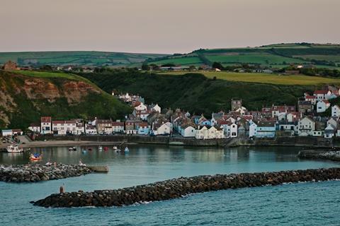 Aerial Shot of Staithes, North Yorkshire at Sunset