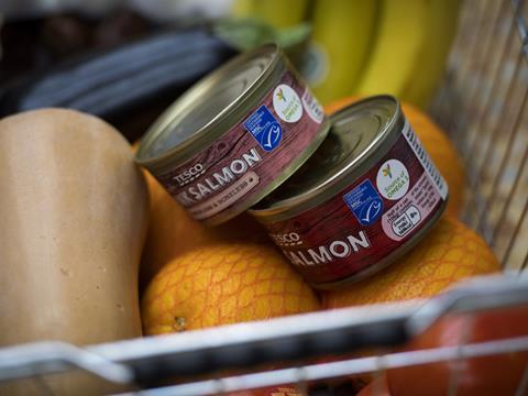 tin of msc salmon in shopping trolley