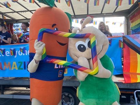 Aldi mascots Kevin and Cuthbert at Birmingham Pride 2023
