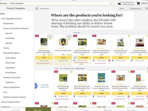 Ocado frozen CO2 warning on website