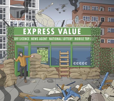 illustration of 'express value' convenience store in a war zone