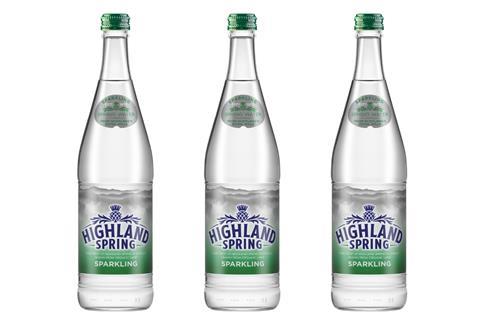 Highland Spring 750ml glass sparkling water bottles