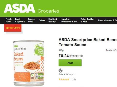 asda website search baked beans screenshot