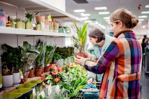 woman picking up a plant at a grocery store