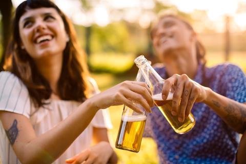 Drinking beer bottles cheers