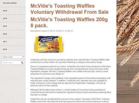 McVities waffles recall