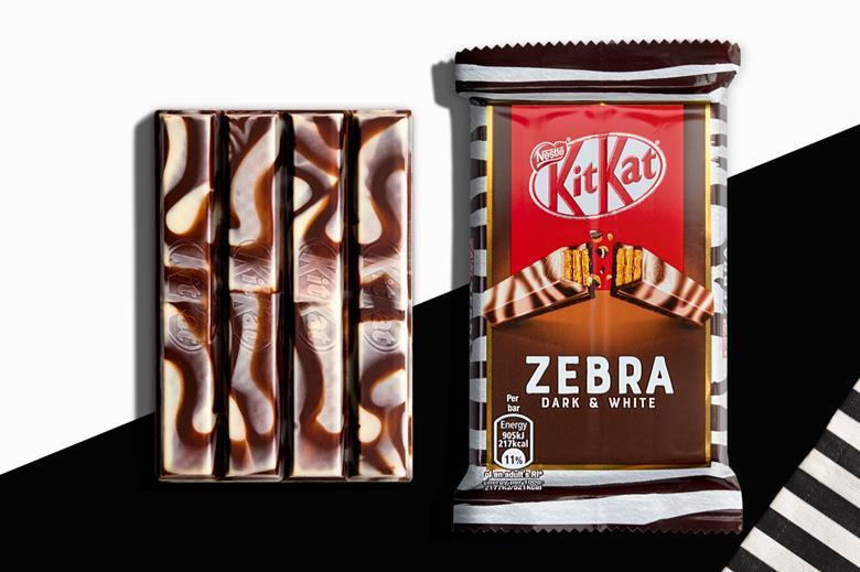 Реклама оригинального белого kitkat с изображением белой зебры