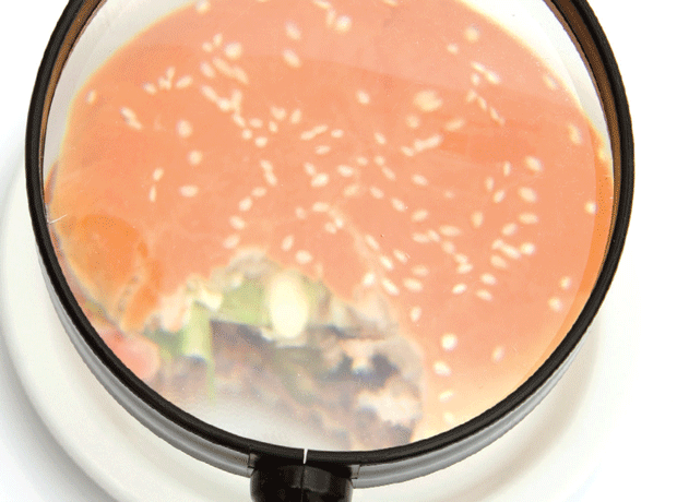 burger under magnifying glass